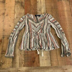 Blue rain women's size x-small long sleeve knit striped top with neck ties